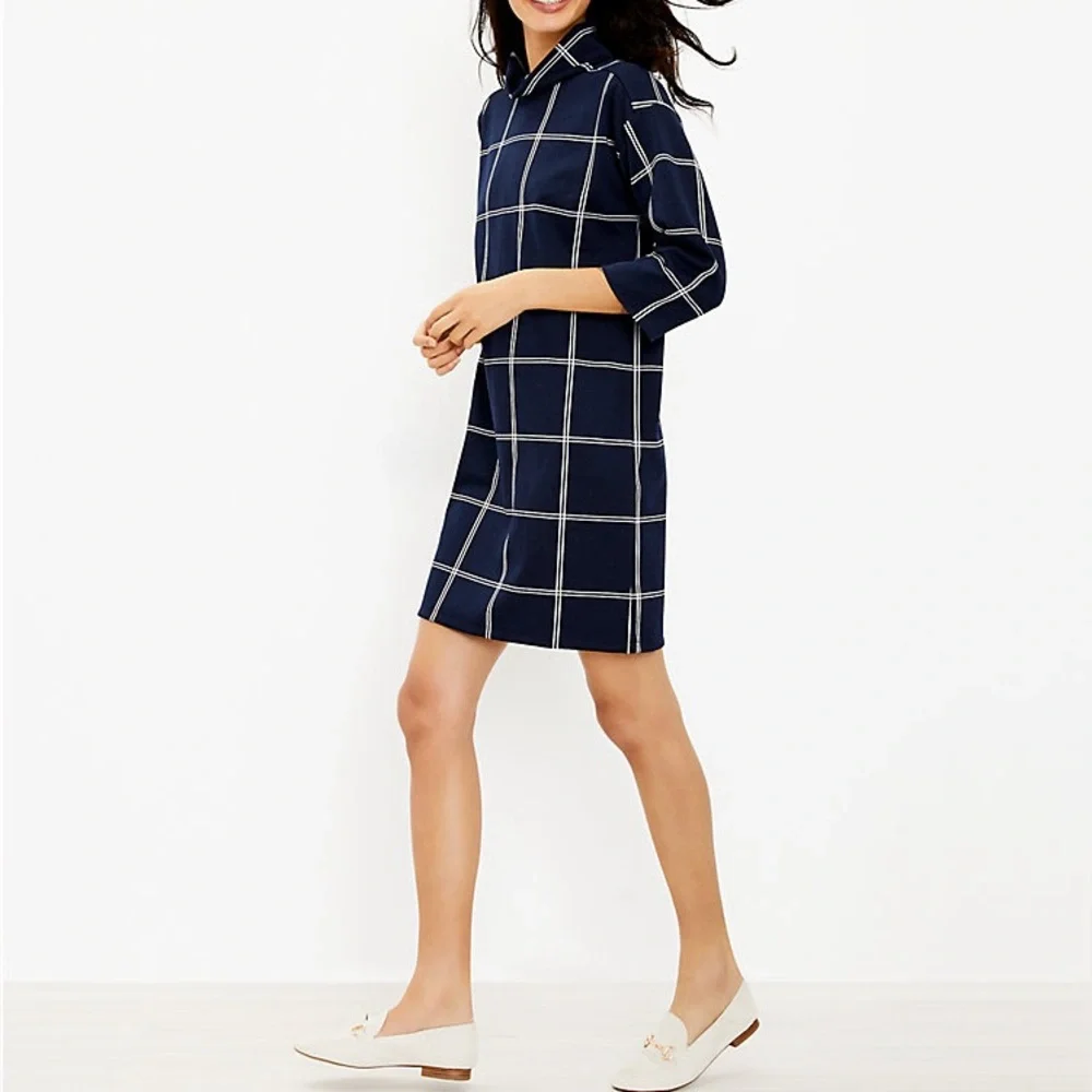Ann Taylor LOFT Windowpane Funnel Neck Navy White Tunic Dress Sz: XS - Picture 1 of 11